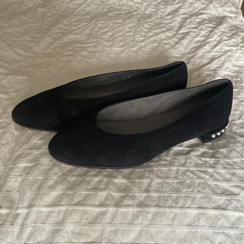Stuart Weitzman black suede flats with pearl heels
